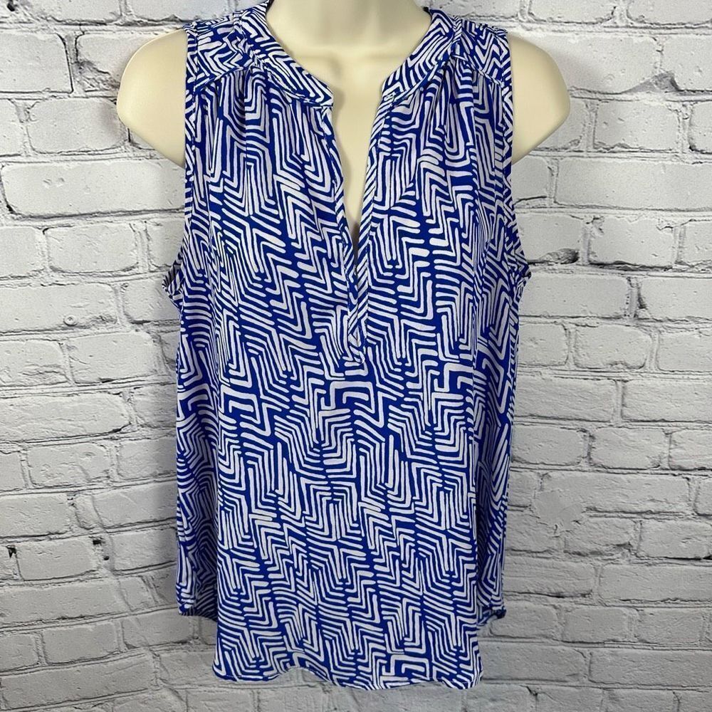 Lumiere Women’s Sleeveless Shell Blouse Royal Blue & White Plunging V-Neck S